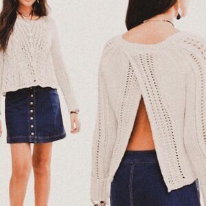 Free People Grey Cable Knit Open Back Sweater | Boho Cozy Winter Layer | Small
